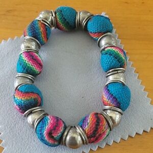 Vintage Serape Textile Wrapped Bead Silver Tone Stretch Bracelet 19g